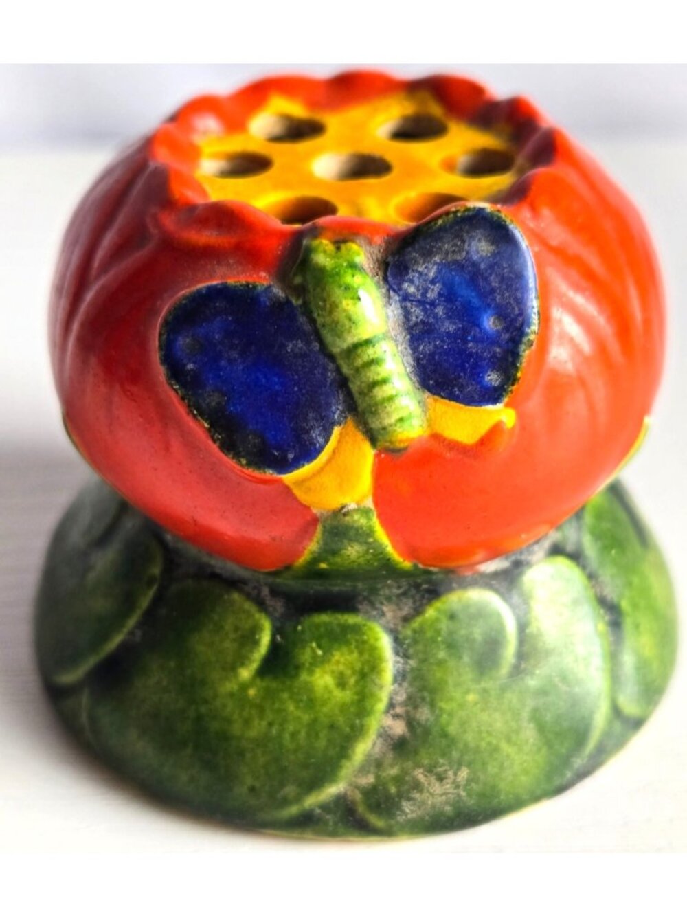 Vintage Ceramic Lotus Pod Flower Frog 2" x 2.5" Flower Arranger Blue Butterfly
